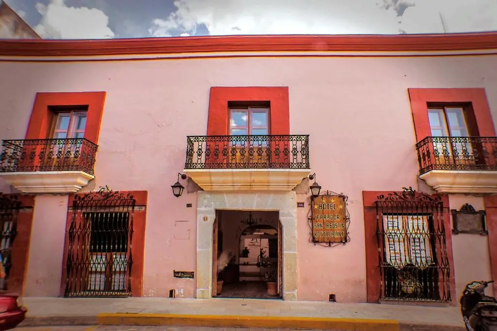 Historic facade of Parador San Agustin in Oaxaca City